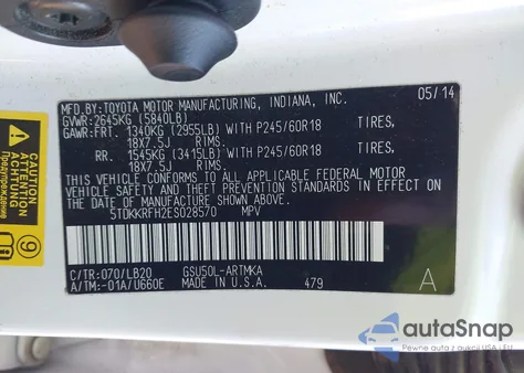 2014 Toyota Highlander Xle V6 from USA, damaged, VIN 5TDKKRFH2ES028570